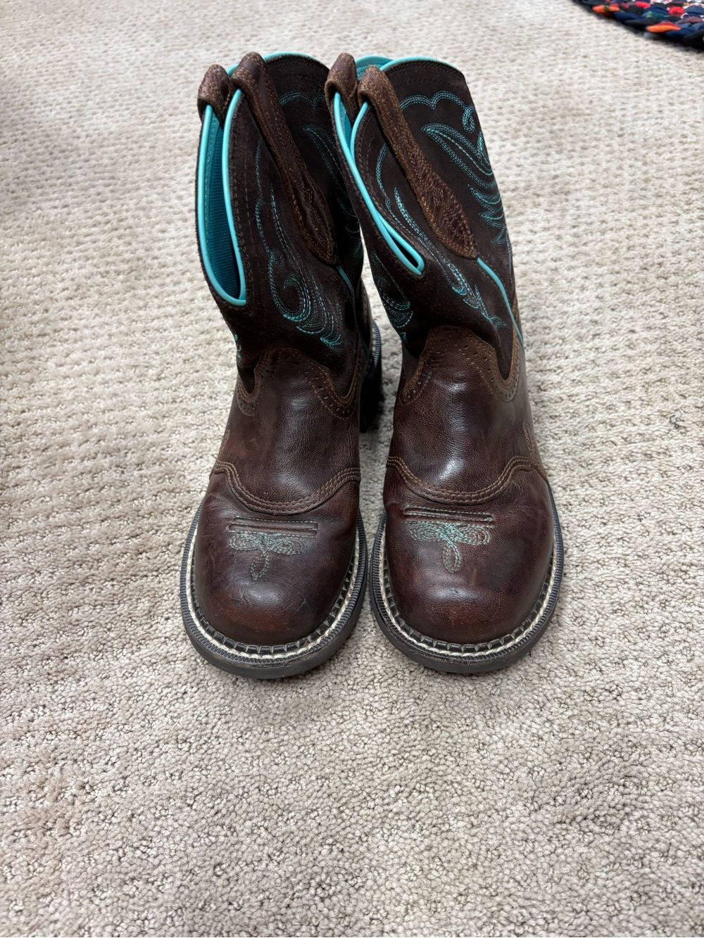 Ariat Brown Leather Women's Heeled Western Boots with Turquoise Stitching